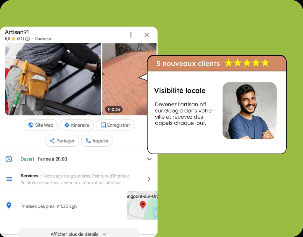 Exemple de fiche Google Business : visibilité locale, avis et appels pour un artisan